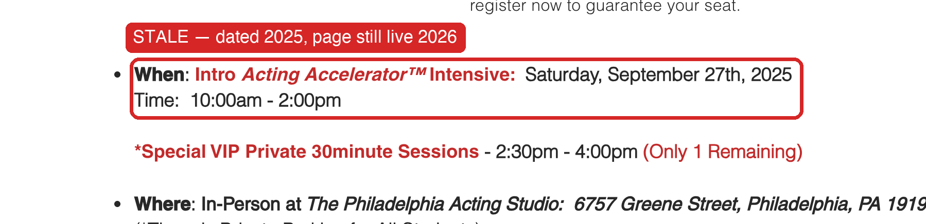 Desktop screenshot of philaacting.com showing an intensive dated Saturday, September 27th, 2025 with a red annotation box